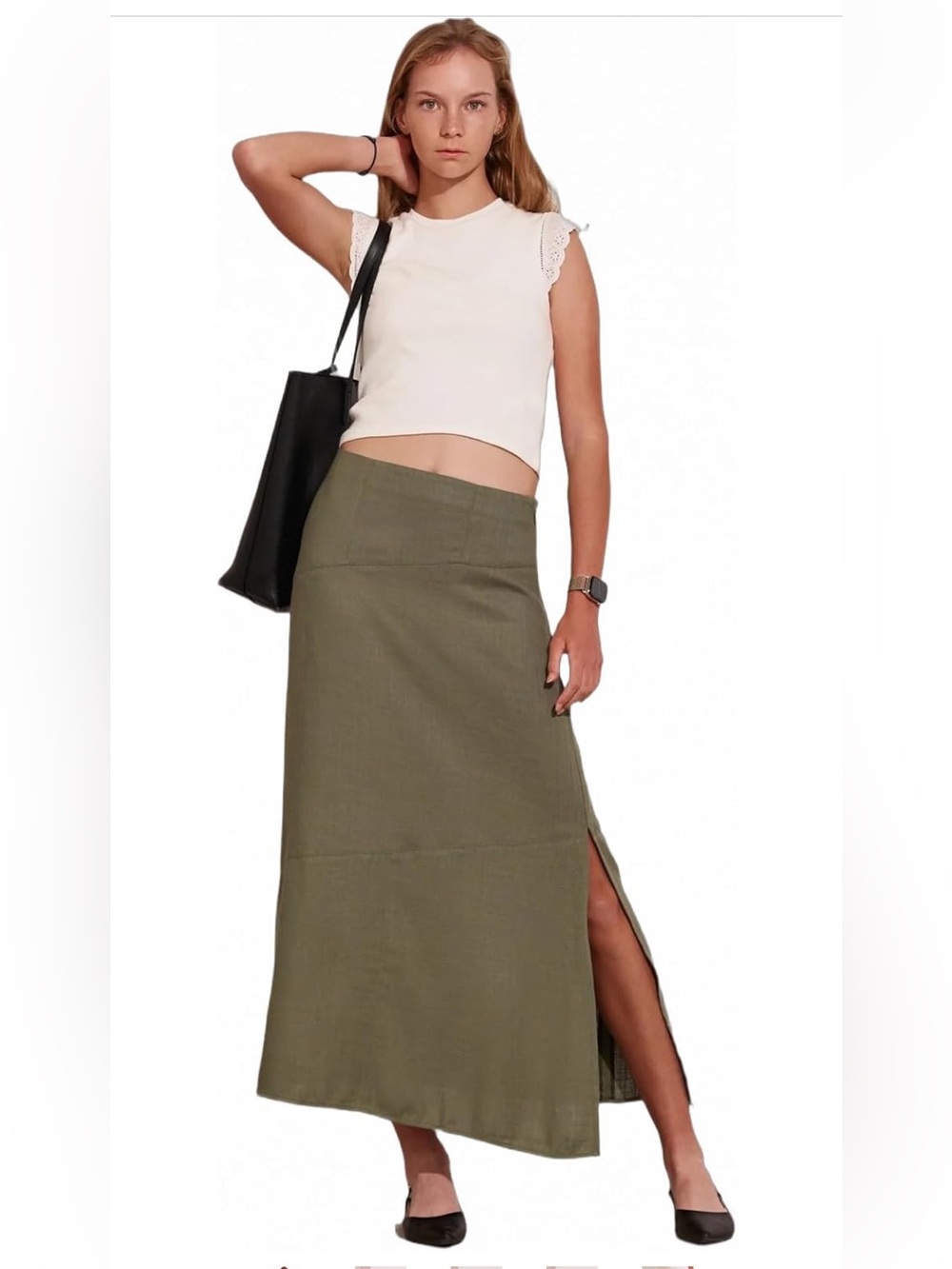 NWT Linen High-Rise Olive Maxi Skirt with Side Slit Sz Large
